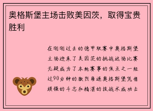 奥格斯堡主场击败美因茨，取得宝贵胜利